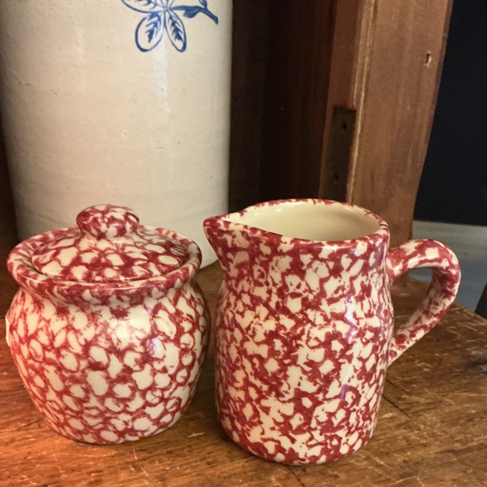 Henn Workshops Red Spongeware Cream and Sugar Set Stoneware Pottery